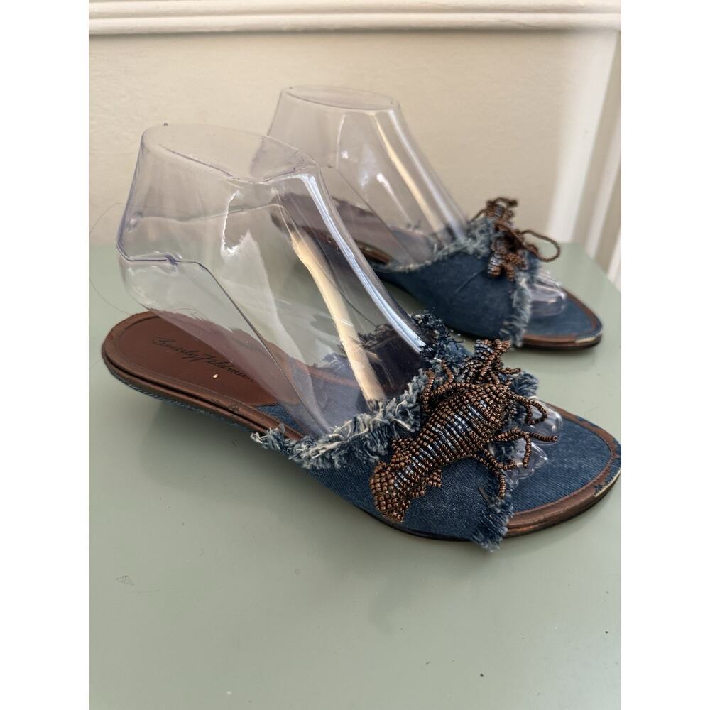 Vintage Y2K Beverly Johnson Denim Wedge Lobster Sandal Nautical‎ Beaded Sz 7.5
